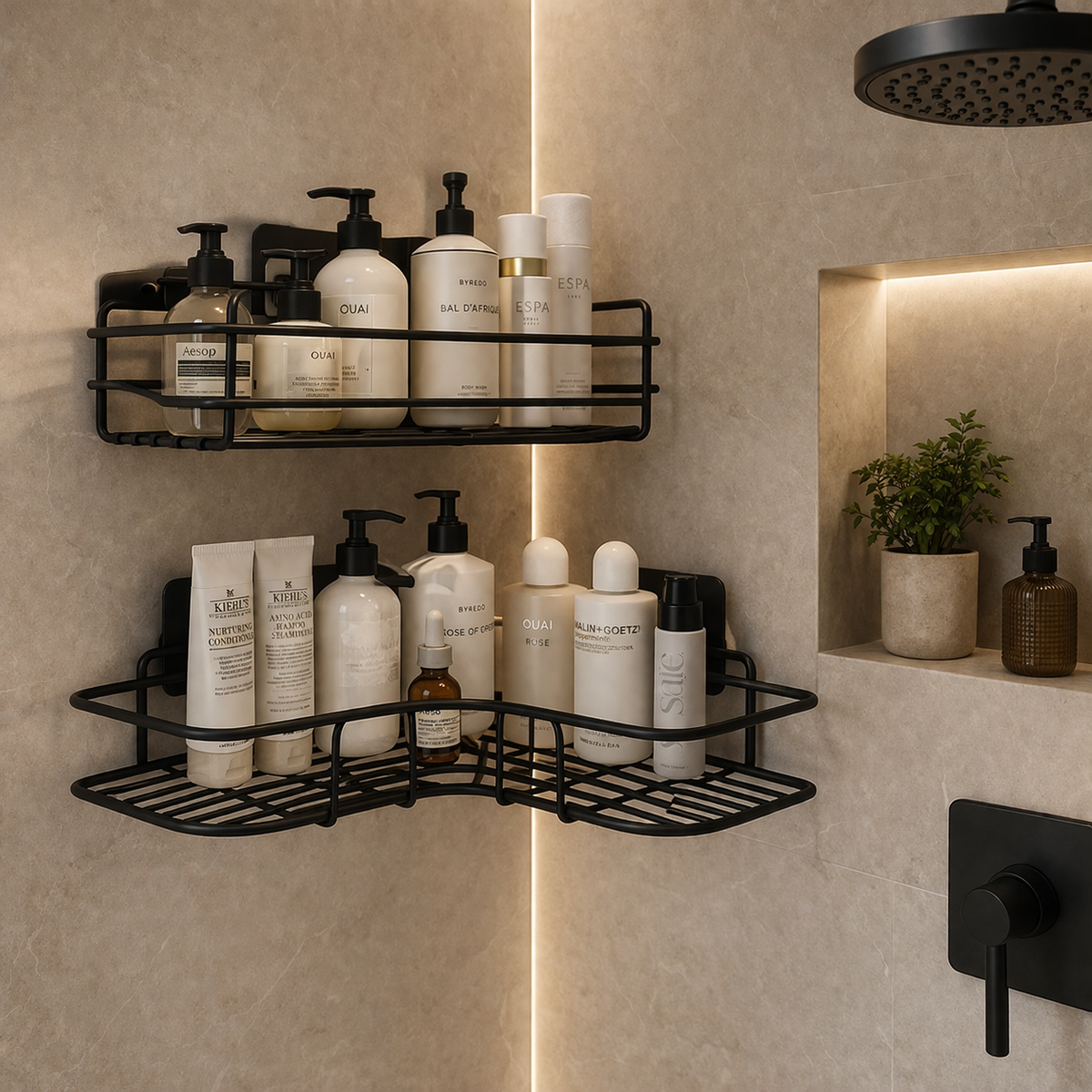 Luxury Black Corner Shower Caddy Organizer Rack, Wall Mounted Bathroom Shelf, Rustproof Stainless Steel, Shampoo Body Wash Holder, Soap Scrub Storage, Space Saving, Modern Minimalist Bath Organizer, No Drill Adhesive Shelf Wholesale