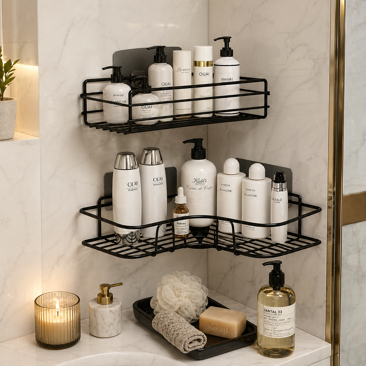 Luxury Black Corner Shower Caddy Organizer Rack, Wall Mounted Bathroom Shelf, Rustproof Stainless Steel, Shampoo Body Wash Holder, Soap Scrub Storage, Space Saving, Modern Minimalist Bath Organizer, No Drill Adhesive Shelf Wholesale