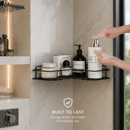 Luxury Black Corner Shower Caddy Organizer Rack, Wall Mounted Bathroom Shelf, Rustproof Stainless Steel, Shampoo Body Wash Holder, Soap Scrub Storage, Space Saving, Modern Minimalist Bath Organizer, No Drill Adhesive Shelf Wholesale